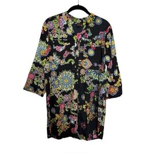 Aller Simplement Boho Paisley Tunic Dress Black Cotton XL 3/4 Sleeve